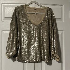Free People - Oversized Short Sleeve Champagne Dreams Shimmer Sequin Cropped Tee